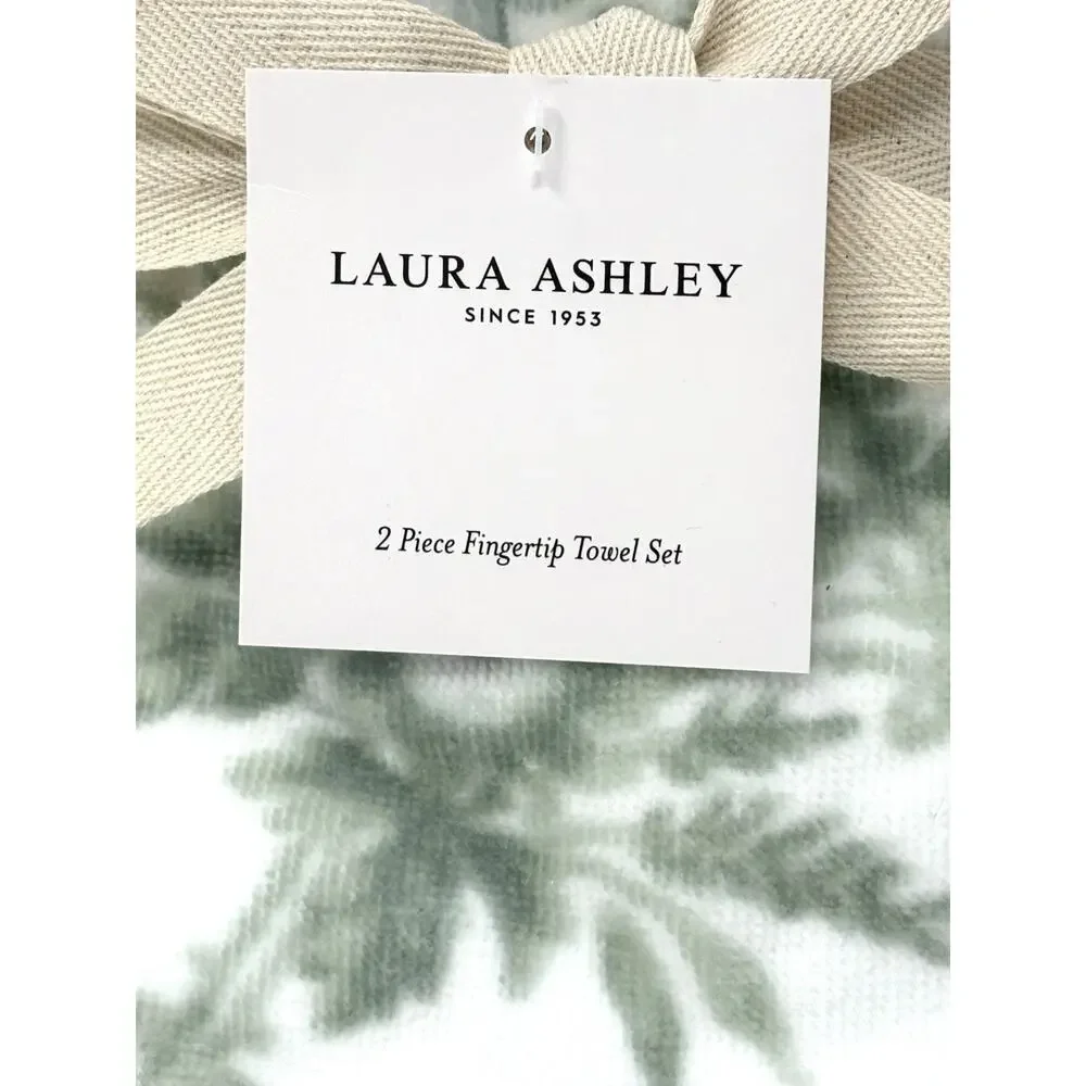 Laura Ashley Floral Bath Fingertip Towel Set 2 Pcs Green White Toile NWT Sage